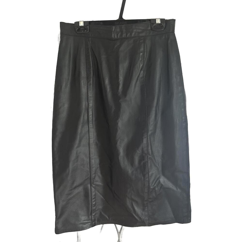 VTG Sterling Stall Made in Canada Black Midi 100 %Leather Pencil Skirt - Size 10
